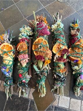 2 Decorative Woodland Herbal Citrus & Floral Smudge Sticks w/gemstone necklace.